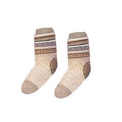 Warm knitted socks with intricate geometric patterns, hand-painted in soft watercolor tones, embodying comfort and hygge style for winter fashion and home decor