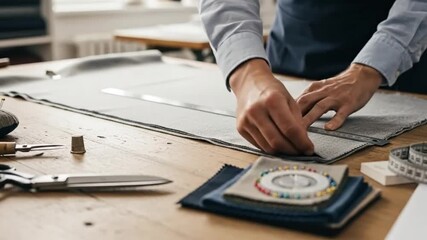 Skilled Tailor's Hands Pinning Fabric for Custom Garment Creation on a Rustic Wooden Workbench, Showcasing Precision and Craftsmanship in Textile Art