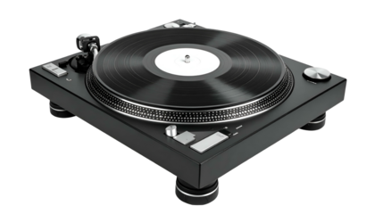Turntable with black vinyl disc, isolated on black, viewed at angle