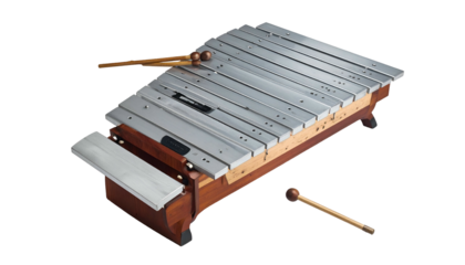 Chromatic xylophone with mallets on black background, high angle view