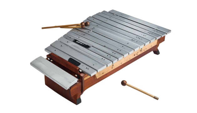 Chromatic xylophone with mallets on black background, high angle view