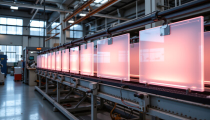Obraz premium Industrial Production Line with Illuminated Display Panels