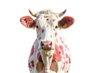 Close up portrait of a cow with pink spots isolated on black background isolated on white background isolated on transparent background