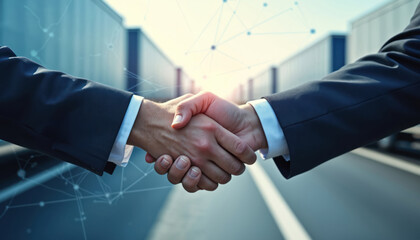 Businessmen shaking hands. Agreement handshake on highway. Partnership deal in logistics. Trucks in background symbolize global commerce, transportation. Successful business collaboration, technology