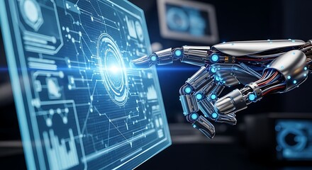 Robotic hand interacts with digital display technology for innovation