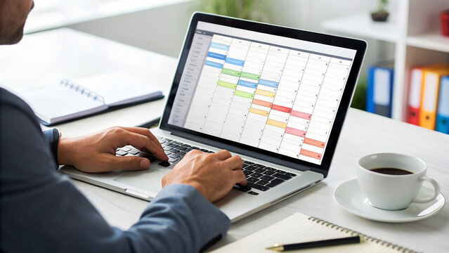 Close up of a businessman using laptop with gantt chart application for planning and scheduling appointments at the office