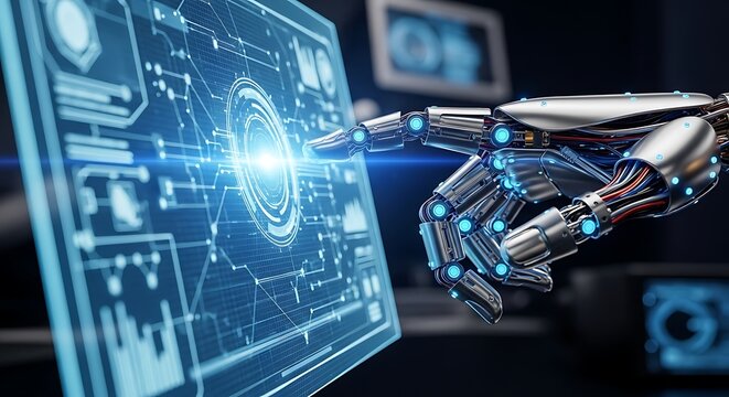 Robotic hand interacts with digital display technology for innovation - Powered by Adobe