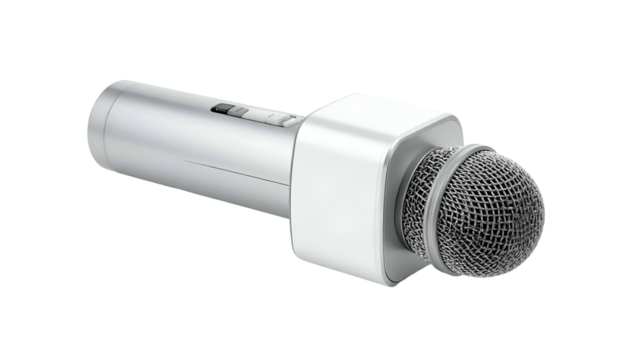 Silver handheld microphone with square head on a black background