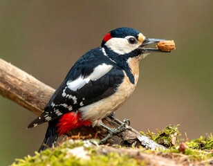 Obraz premium A vibrant woodpecker perched on a branch, holding a nut in its beak. Its black, white, and red plumage are striking. The background is blurred, showing forest