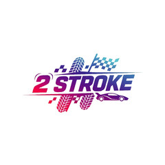 Vibrant automotive racing logo design featuring tire tracks, a checkered flag, and a sleek sports car silhouette, perfect for speed and performance branding