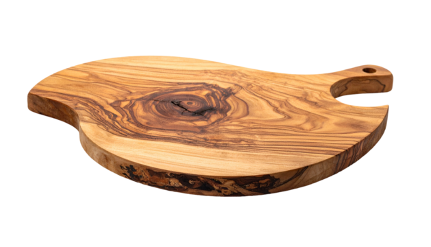Olive wood cutting board with handle, warm organic textures