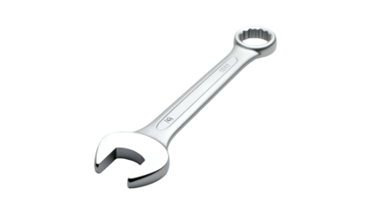 Chrome wrench tool isolated on black, angled view, open & closed end