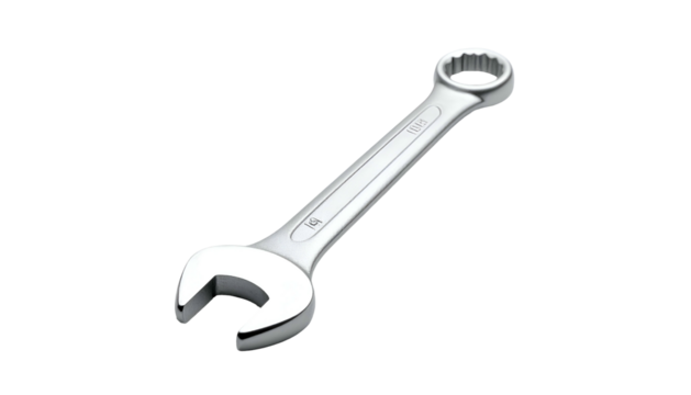 Chrome wrench tool isolated on black, angled view, open & closed end