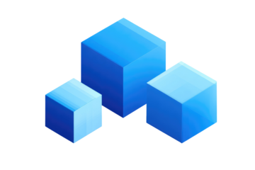 Three overlapping, stylized blue cubes