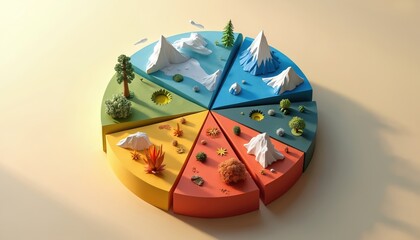 Colorful 3D pie chart visualizes data with nature elements. Slices depict mountains trees. Information graphic illustrates eco concept. Chart shows distribution of ecosystems, climate zones. Business