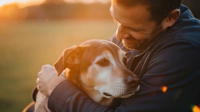 Man hugging his old dog at sunset.