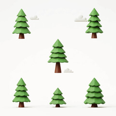 Whimsical 3D rendered cartoon pine trees with fluffy clouds on a clean white background