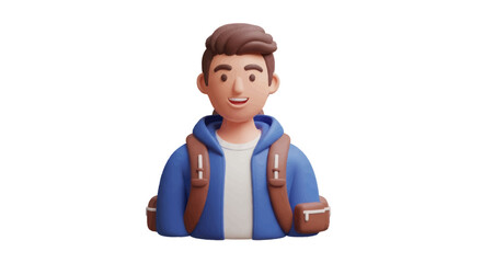 3D rendered young man character with blue hoodie and brown backpack.