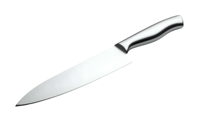 Shiny, sharp kitchen knife with a metallic handle on black backdrop