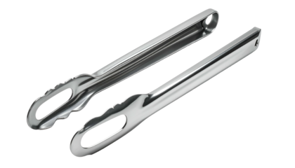 Shiny metal tongs at an angle against a stark black background