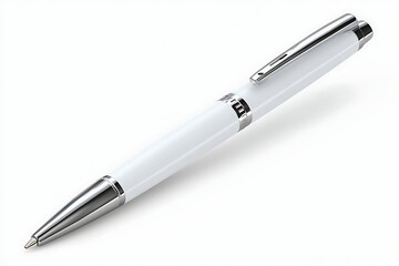 Naklejka premium Elegant white ballpoint pen with sleek chrome accents, perfect for professional signing, note taking, or luxurious gift.