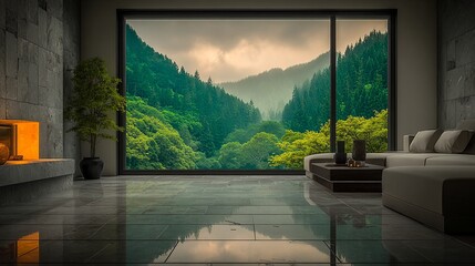 a modern living room with a large window overlooking a lush green forest