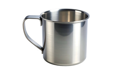 Polished metal mug, angled handle, studio shot on black background