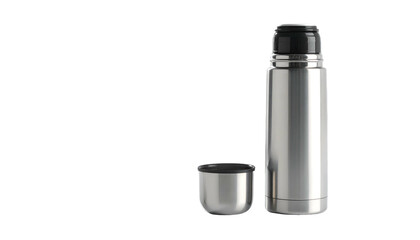 Shiny metal thermos bottle and its lid sitting against black