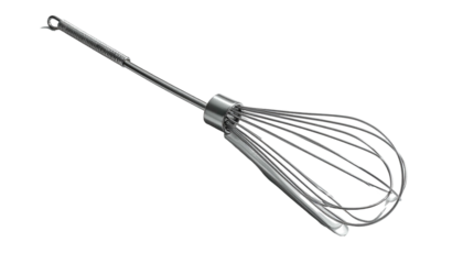 Metal whisk with thin, rounded wires against black background