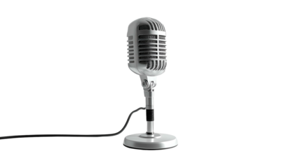 Silver vintage microphone on black background, cable in view