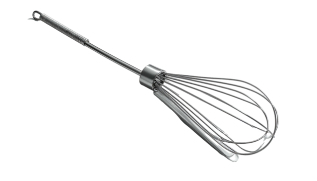 Metal whisk with thin, rounded wires against black background
