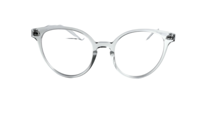 Clear, round eyeglasses frame isolated on a plain dark background