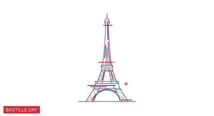 Minimalist Eiffel Tower Line Art Drawing with Red and Blue Accents.