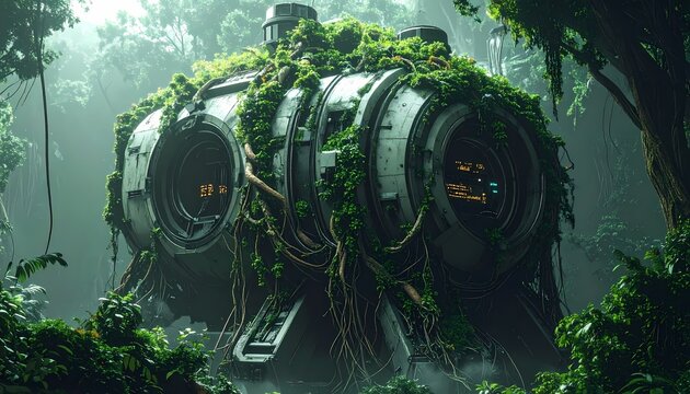 Overgrown Abandoned Sci-Fi Machine in Lush Jungle Environment.