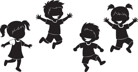 Joyful silhouette children dancing jumping and playing together in a group vector