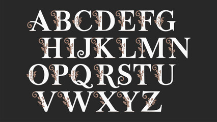 Elegant floral serif alphabet uppercase decorative letters with vintage botanical ornament design for typography and branding art