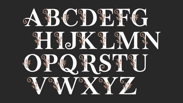 Elegant floral serif alphabet uppercase decorative letters with vintage botanical ornament design for typography and branding art