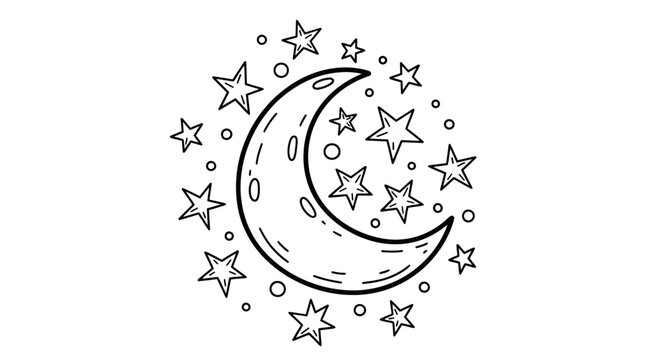 Hand-drawn crescent moon surrounded by stars and dots.