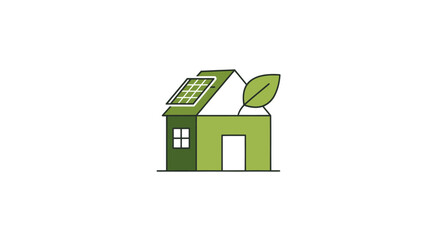 Eco-friendly green house with solar panel and leaf symbol.