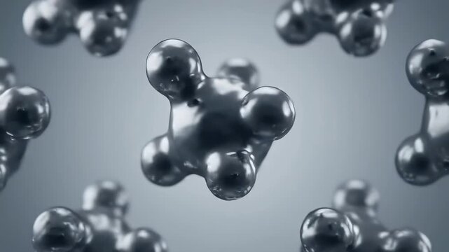 Dynamic 3D animation of abstract dark metallic liquid spheres merging and separating creating a mesmerizing molecular structure against a clean bright background symbolizing scientific innovation and.
