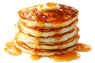 Indulgent stack of fluffy pancakes drizzled with golden syrup and topped with melting butter, a perfect breakfast treat.