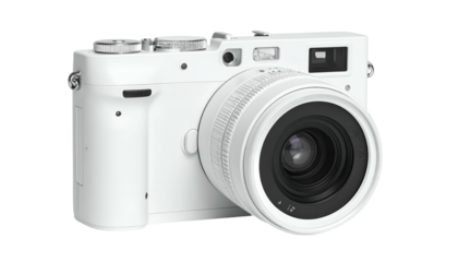 White digital rangefinder-style camera, lens cap on