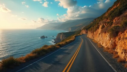 Curvy coastal highway runs beside steep cliffs overlooking a vast ocean. Sunlit blue sky with clouds contrasts with the sea. Orange rock face meets green foliage.
