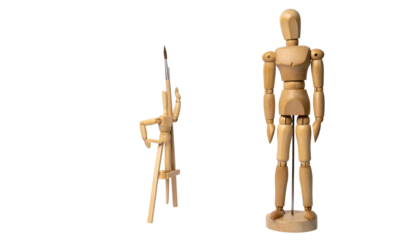 Articulated wooden mannequins, one standing, one kneeling