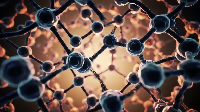 Abstract 3D rendering of molecular structure with interconnected spheres and glowing lines representing scientific research biotechnology and advanced chemistry concepts in a futuristic setting. - Powered by Adobe
