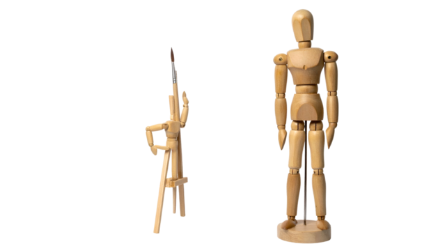 Articulated wooden mannequins, one standing, one kneeling