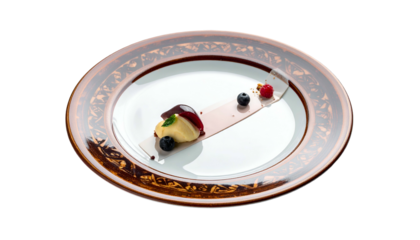 Elegant dessert cream, fruit, chocolate on patterned plate