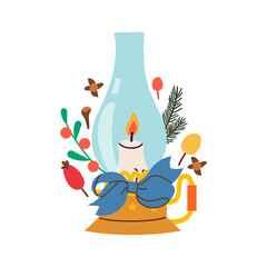 Christmas lantern. Winter decoration . Night lamp. Night light with candle , branch , flower and other cozy Christmas decoration on white background , flat hand drawn illustration.