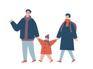 冬服を着てお出かけをする家族