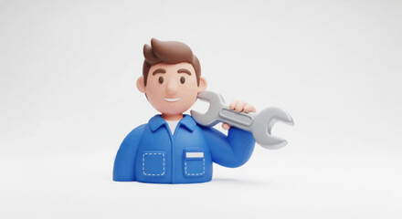Cartoon Mechanic Character Holding a Large Wrench.